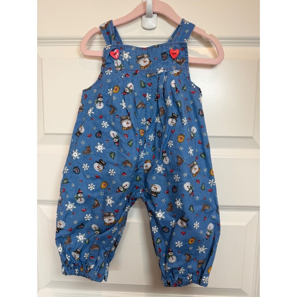 33. Kids Blue Glitter Snowman Winter  Overalls Christmas  6/12M Vintage Handmade